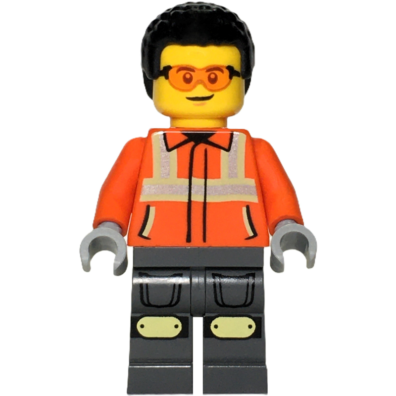 Lego Construction Worker, Reddish Orange Jacket, Black Hair