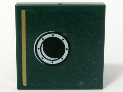 Lego Tile 2 x 2 with Gold Stripe and Porthole Pattern Model Right Side, Left Panel (Sticker) - Set 10194 / Dark Green