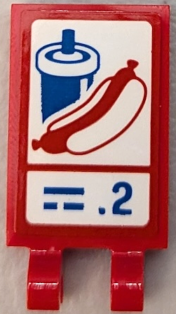 Lego Tile, Modified 2 x 3 with 2 Open O Clips with Red Hot Dog, Blue Soda Cup Drink, Text Lines and '.2' Pattern (Sticker) - Set 60440 / Red
