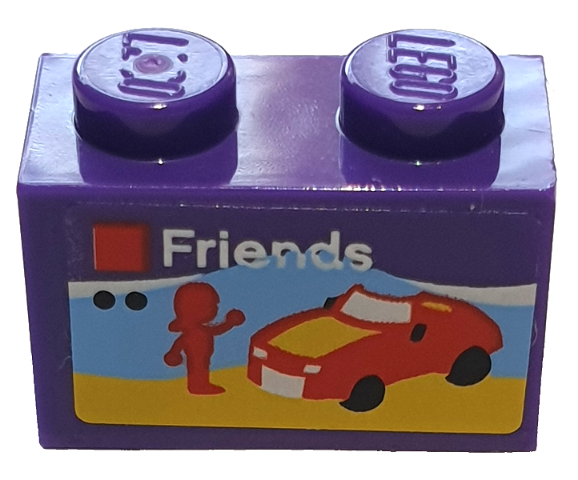 Lego Brick 1 x 2 with LEGO Friends Set Box Art, Red Car and Mini Doll Silhouette on Beach Pattern (Sticker) - Sets 40145 / 40305 and Gear 40359