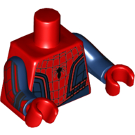 Lego Torso Bodysuit, Dark Blue Panels, Webbing and Small Black Spider Logo Print, Dark Blue Arms with Webbing Print, Red Hands / Red