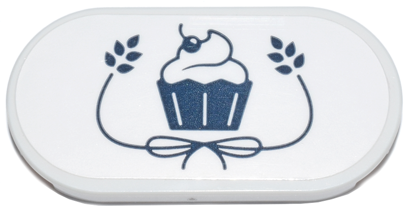 Lego Tile, Round 2 x 4 Oval with Sign with Dark Blue Cupcake and Bow with Leaves Pattern (Sticker) - Set 42670