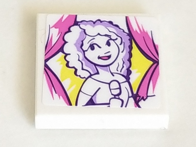 Lego Tile 2 x 2 with Medium Lavender Portrait of Female Singer with Microphone and Dark Pink Curtains Pattern (Sticker) - Set 41332 / White