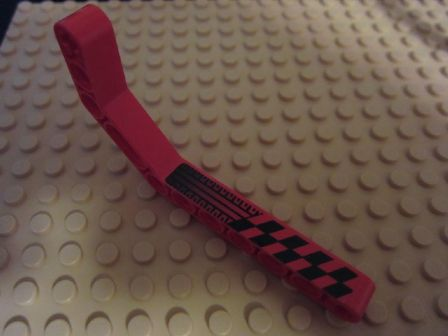 Lego Technic, Liftarm, Modified Bent Thick 1 x 11.5 Double with Black Tire Tread and Checkered Pattern Model Left Side (Sticker) - Set 8242 / Red