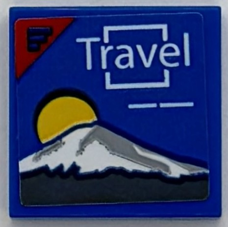 Lego Tile 2 x 2 with White 'Travel' and Square, Yellow Sun and Snowy Mountain Pattern (Sticker) - Set 76294