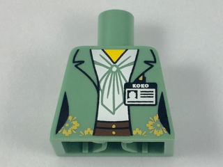 Lego Torso Female Outline Jacket with Gold Flowers, ID Badge with 'KOKO' over White Blouse and Dark Brown Belt Pattern / Sand Green