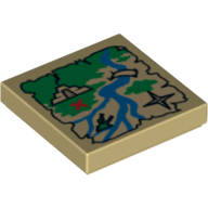 Lego Tile 2 x 2 with Map River, Ruins, and Red X Print / Tan