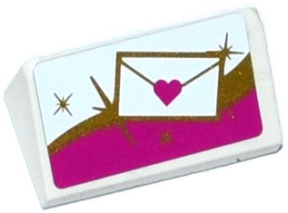 Lego Slope 30 1 x 2 x 2/3 with Mail Envelope with Heart Seal on White, Gold and Magenta Background Pattern (Sticker) - Set 41104 / White