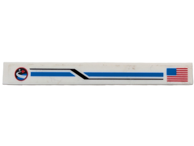 Lego Tile 1 x 8 with United States of America (USA) Flag, Blue and Black Stripes and Red Flying Shuttle over Blue Planet Pattern Model Right Side (Sticker) - Sets 10213 / 10231