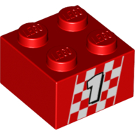 Lego Brick 2 x 2 with '1' on Checkered Flag Print / Red