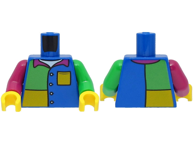 Lego Torso Jacket over White Shirt, Magenta Collar, Bright Light Orange and Bright Green Panels Pattern / Bright Green Arm Left / Magenta Arm Right / Yellow Hands