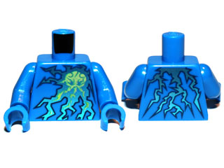 Lego Torso with Ninjago Lightning Octopus Symbol on Dark Blue, Metallic Cyan and Neon Green Electricity Energy Pattern / Blue Arms / Blue Hands