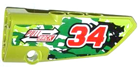 Lego Technic, Panel Fairing # 4 Small Smooth Long, Side B with Red Number 34, 2 White Arrows and 'PULL BACK' Pattern (Sticker) - Set 42027 / Lime