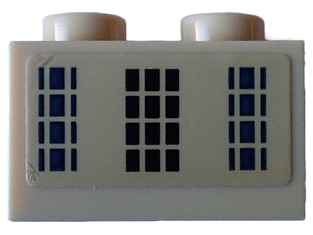 Lego Brick 1 x 2 with 12 Black Rectangles in Center and 12 Dark Blue Rectangles Left and Right on Tan Background Pattern (Sticker) - Set 40519