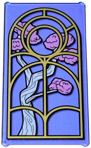 Lego Glass for Window 1 x 4 x 6 with Gold Arched Window Frame and Bright Pink and White Tree Pattern (Sticker) - Set 75689
