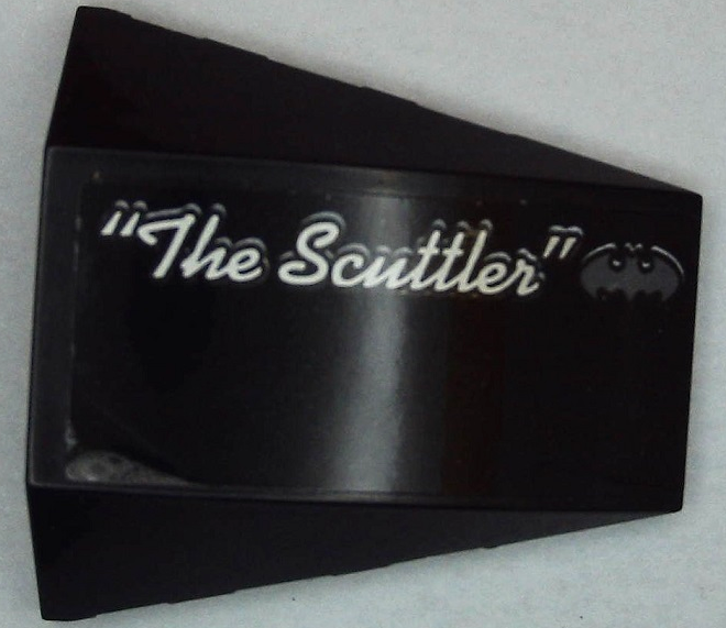 Lego Wedge 4 x 4 Triple Curved No Studs with Batman Logo, Silver Script '"The Scuttler"' Pattern Model Right Side (Sticker) - Set 70908 / Black