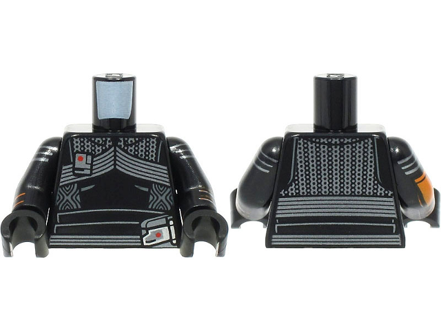 Lego Torso Silver Armor and Belt with Red Dots Pattern (SW Fennec Shand) / Black Arms with Orange and Silver Stripes Pattern / Black Hands