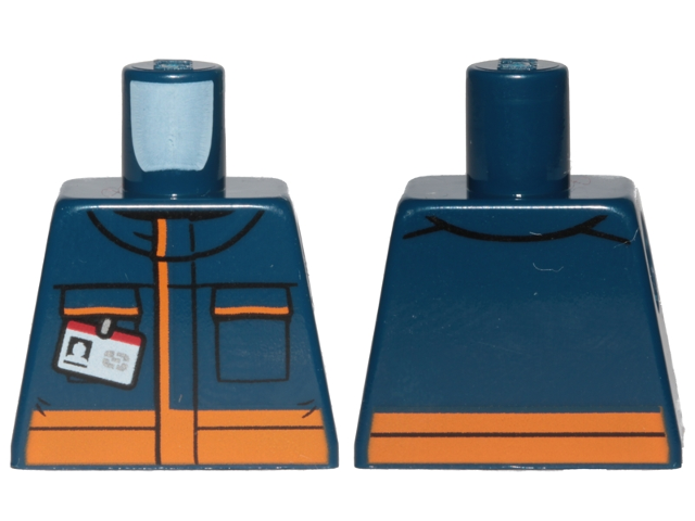 Lego Torso Jumpsuit with Orange Stripes and White Minifigure ID Badge Pattern / Dark Blue