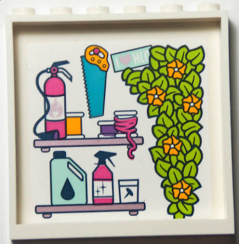 Lego Panel 1 x 6 x 5 with Saw, Plant with Lime Leaves, 'I Heart HLC' Sign, and Shelves with Fire Extinguisher and Accessories Pattern (Sticker) - Set 41395 / White