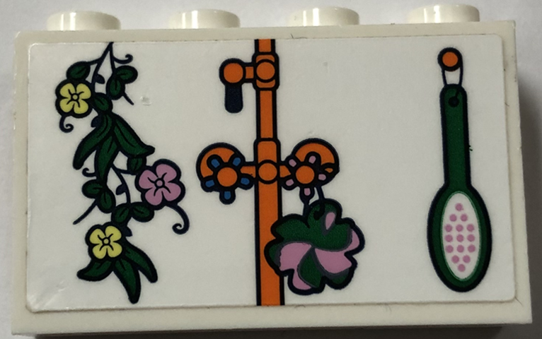 Lego Panel 1 x 4 x 2 with Side Supports - Hollow Studs with Plant and Flowers, Hanging Brush, Orange Pipes and Taps Pattern (Sticker) - Set 41702