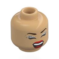 Lego Minifig Head Olivia Rodrigo, Dark Brown Eyebrows, Silver/White Eyeshadow, Red Lips, Wink, Tongue Sticking Out / Singing, Eyes Closed