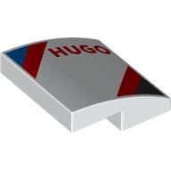 Lego Brick Curved 2 x 2 x 2/3 with Red 'HUGO', Blue/Red/Black Stripes Print / White