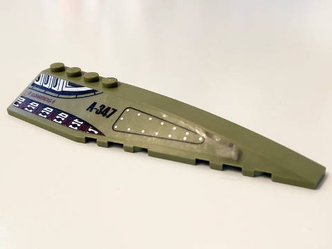 Lego Wedge 12 x 3 Right with Gears, 'WARNING' and 'A-347' Pattern (Sticker) - Set 70164 / Olive Green