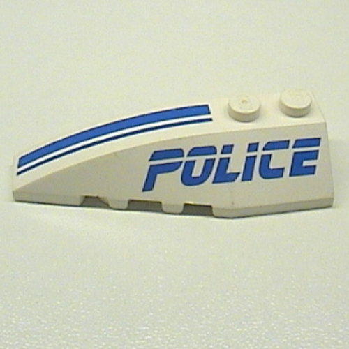 Lego Brick Wedged, Curved 6 x 2 Left with 'Police', Blue Line Print / White