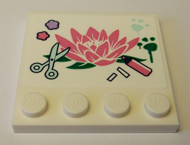 Lego Tile, Modified 4 x 4 with Studs on Edge with Flower, Scissors, Felt Pen, and Paw Prints Pattern (Sticker) - Set 41342