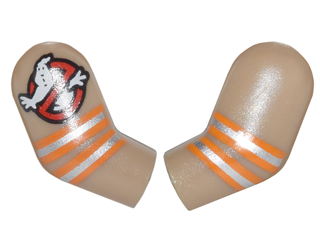 Lego Arm, (Matching Left and Right) Pair with Ghostbusters Logo and Orange and Silver Stripes Pattern / Dark Tan