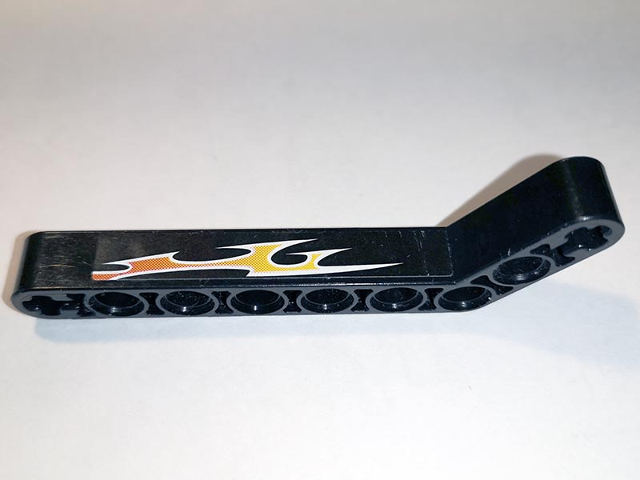 Lego Technic, Liftarm, Modified Bent Thick 1 x 9 (7 - 3) with Orange Flames Pattern Left Side A (Sticker) - Set 8167
