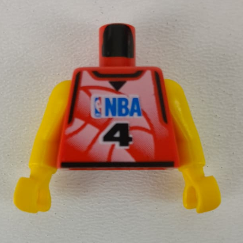 Lego Torso, Basketball Jersey, NBA Logo and '4' Print, Long One Piece Arms Yellow (NBA) / Red
