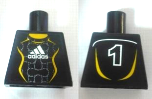 Lego Torso Soccer Uniform Black Shirt with White Adidas Logo, Yellow Curved Lines and Number 1 on Back, Yellow Neck Pattern (Stickers) / Black