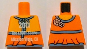 Lego Torso Halter Top with Medium Blue Trim and Flowers, Yellow Neck, '2011 The LEGO Store Mission Viejo, CA' on Back Pattern / Orange