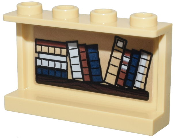 Lego Panel 1 x 4 x 2 with Side Supports - Hollow Studs with Wooden Shelf with 12 Dark Blue, Dark Tan, Light Bluish Gray and Reddish Brown Books Pattern on Inside (Sticker) - Set 76385