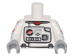 Lego Torso Astronaut Spacesuit with Classic Space Logo, Panels and Buttons, Red Collar Pattern / White Arms with Astronaut Spacesuit Panels, Gold Classic Space Logo, Red Stripe and 4 Light Bluish Gray Lines Pattern / Light Bluish Gray Hands