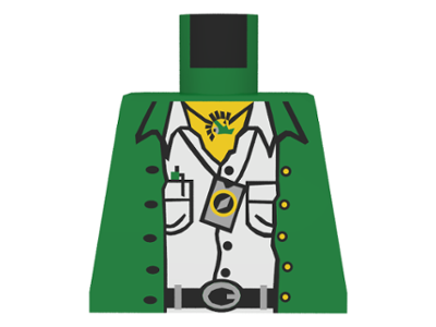 Lego Torso Jacket Open with Buttons over Tan Safari Shirt with Pockets, Black Belt with Silver Buckle and Loops, Necklace, Pen, Compass, Yellow Neck Pattern / Green