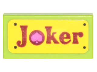 Lego Tile 1 x 2 with Red 'Joker' with Dark Pink Spade on Yellow Background Pattern (Sticker) - Set 70906