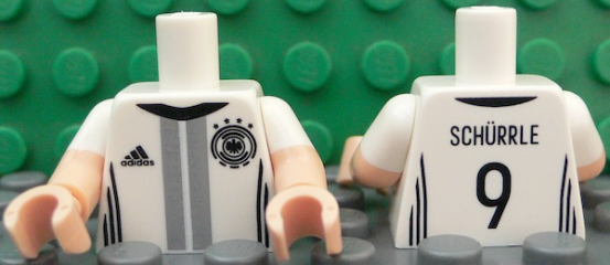 Lego Torso Soccer Shirt with Adidas Logo, 4 Stars and Eagle Front, 'SCHÜRRLE 9' Back Pattern / Light Nougat Arms with Molded White Short Sleeves Pattern / Light Nougat Hands