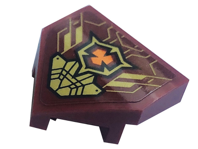 Lego Wedge 2 x 2 x 2/3 Pointed with Gold Lines and Armor Plates and Orange Emblem Pattern (Sticker) - Set 71791 / Dark Red