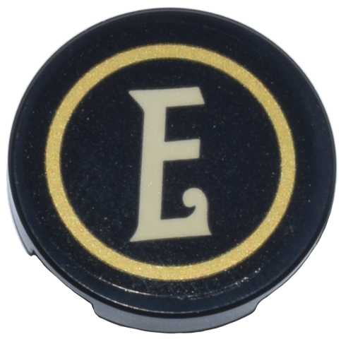 Lego Tile, Round 2 x 2 with Bottom Stud Holder with Gold Circle and Tan Letter E Pattern (Sticker) - Set 10351 / Black