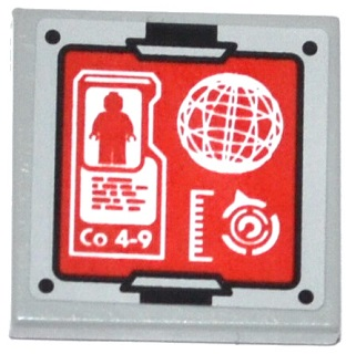Lego Tile 2 x 2 with Minifigure Silhouette, 'Co 4-9', Sphere and Gauges on Red Screen Pattern (Sticker) - Set 70815
