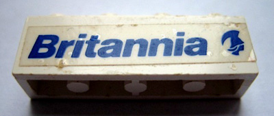Lego Brick 1 x 4 with Blue 'Britannia' and Logo Pattern Model Right Side (Sticker) - Set 1599 / White