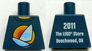 Lego Torso Shirt with White Sailboat over Red Concentric Circles Sun, Yellow Neck, '2011 The LEGO Store Beachwood, OH' on Back Pattern / Dark Blue