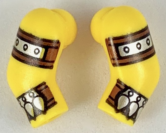 Lego Arm, (Matching Left and Right) Pair with Reddish Brown and Silver Cuff and Strap Pattern / Yellow