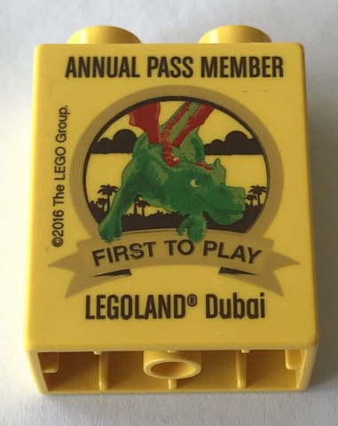 Lego Duplo, Brick 1 x 2 x 2 with Annual Pass Member First to play 2016 LEGOLAND Dubai Pattern / Yellow