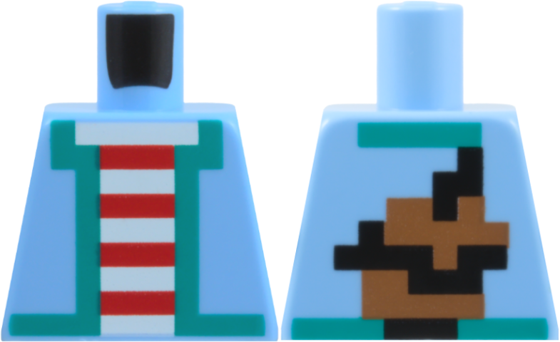Lego Torso Pixelated Jacket with Dark Turquoise Hem Over Red and White Stripped Shirt, Medium Brown and Black Backpack on Back Pattern