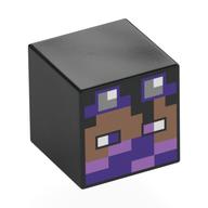 Lego Minifig Head Special, Cube with Pixelated Medium Brown Face, Dark Purple Goggles, Dark Purple/Lavender Eyes, Bandana print / Black