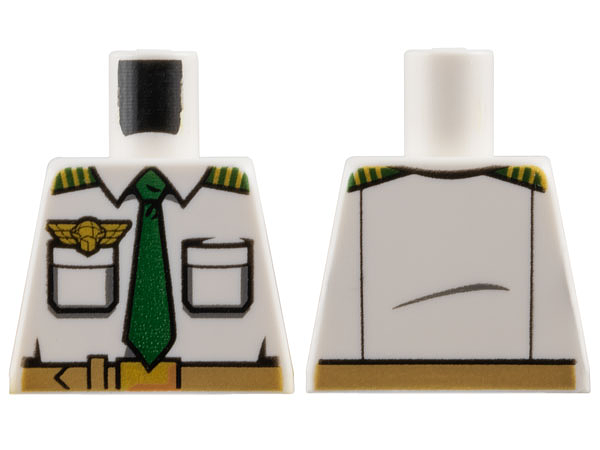 Lego Torso Airplane Pilot, Shirt with Dark Green Tie, Belt, Epaulettes and Gold Logo Pin Pattern / White