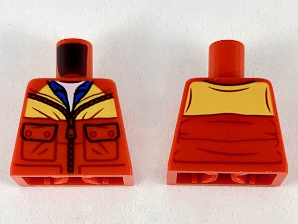Lego Torso Jacket with Bright Light Orange Shoulders, Light Nougat Neck and Blue Shirt Pattern / Red